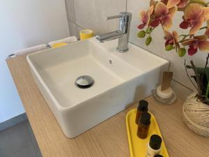 a white sink in a bathroom with bottles on a counter at STARSBOX Cascina Le Doti in Neive +18 photos