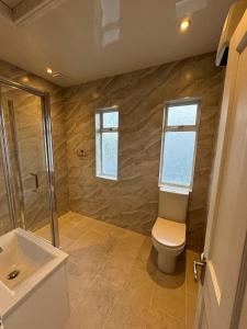 uma casa de banho com um WC, um chuveiro e um lavatório. em Nice Triple Room at 2 Iveragh Rd-7 em Dublin