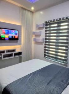 sypialnia z łóżkiem i telewizorem z płaskim ekranem w obiekcie PLOT 36 APARTMENT w mieście Lekki