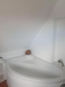 eine Schnecke auf einem WC im Bad in der Unterkunft Ferienwohnung Katrin in Mettlach
