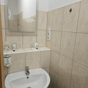 une salle de bain avec un lavabo et un miroir dans l'établissement Ferienwohnung Herbert-Jensch-Strasse 98, à Francfort-sur-l'Oder