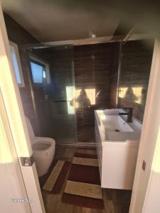 a bathroom with a sink and a toilet at Auckland airport holiday home in the greens in Auckland