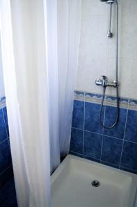 uma casa de banho com chuveiro, WC e azulejos azuis em EN PLEINE VERDURE AU CALME NON LOIN DU CENTREVILLE em La Tranche-sur-Mer