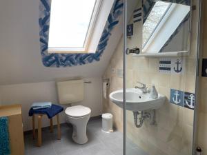 a bathroom with a toilet and a sink and a window at Ostseebauernhof Schönhagen in Brodersby +71 photos