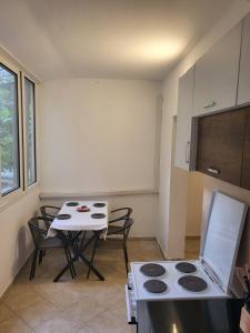 eine Küche mit einem Herd und einem Tisch mit Stühlen in der Unterkunft Apartman Vučko in Rafailovici