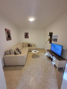 ein Wohnzimmer mit einem Sofa und einem Flachbild-TV in der Unterkunft Apartman Vučko in Rafailovici