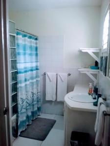 a white bathroom with a shower and a sink at BONI CHATEAU VACATION SPOT is a One Bedroom Self-contained Apartment For Travelers Needing To Be In Tune With Nature in Discovery Bay