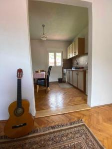 een woonkamer met een gitaar naast een keuken bij Fig City Apartment in Mostar