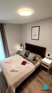 ein Schlafzimmer mit einem großen Bett in einem Zimmer in der Unterkunft Pod Brzozami Apartamenty Gąski in Gąski