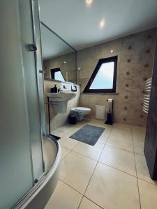 W łazience znajduje się prysznic, umywalka i toaleta. w obiekcie Willa Wysoka w Zakopanem