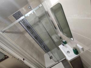 un bagno con uno specchio e un lavandino di Le Rislois des Baquets - Studio moderne et cosy a Pont-Audemer 1 altra foto