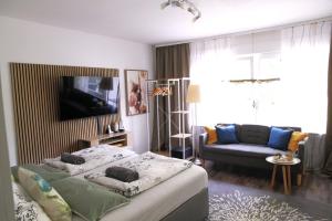 1 dormitorio con cama, sofá y TV en Ferienwohnungen Traubeneiche en Remagen