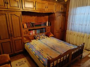ein Schlafzimmer mit einem Bett und einem Bücherregal in der Unterkunft Kuća in Donja Kapija