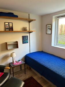 a bedroom with a blue bed and a window at GETGYR Hostel in Holbæk
