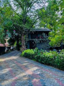 eine Backsteinstraße vor einem Haus mit einem Baum in der Unterkunft Sriyantha Rest in Kataragama