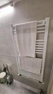 a bathroom with a towel rack with towels at Freatida apartment in Piraeus
