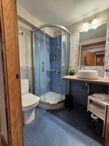 a bathroom with a shower and a toilet and a sink at Pension Joakina in San Sebastián
