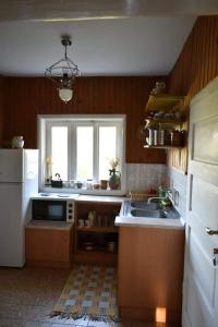 La cuisine est équipée d'un évier et d'un réfrigérateur blanc. dans l'établissement Simina kuća, à Bajina Bašta