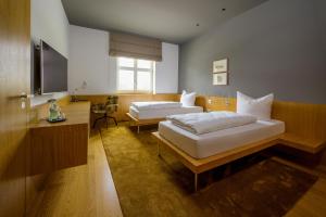 um quarto de hotel com duas camas e uma televisão em das Ox em Münster
