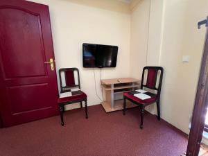 Cette chambre dispose de 2 chaises, d'une télévision et d'une porte. dans l'établissement Villas by Expert Vrelo Bosne, à Vruci