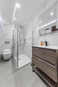 La salle de bains est pourvue d'une douche, d'un lavabo et de toilettes. dans l'établissement Serviced Golders Green Apartment near Camden London - 2, à Londres