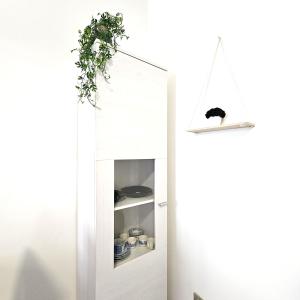 ein weißer Schrank mit einer Pflanze darüber in der Unterkunft Appartamento Moderno Gallarate in Gallarate
