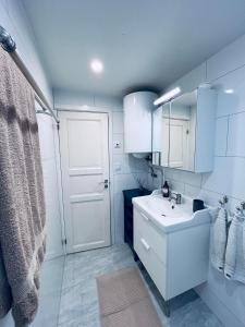 a bathroom with a white sink and a shower at Cozy countryside retreat near Söderåsen National Park in Svenstorp +12 photos