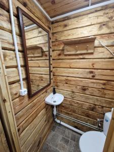a bathroom with a wooden wall with a toilet and a mirror at Bajāri - Pirts - Banya in Svente