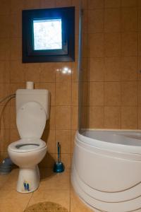 a bathroom with a toilet and a tub and a window at Vila Pufu in Slănic-Moldova