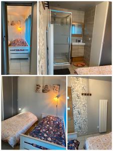Trois photos d'une chambre avec un lit et une salle de bains dans l'établissement Gîte chez Maddy, à Chilhac