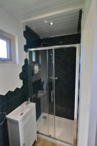 a bathroom with a shower with a glass shower stall at Anniston Mill Cabin in Arbroath