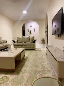 sala de estar con sofás y TV de pantalla plana. en شقة مفروشة حي الصفا, en Al Wajh