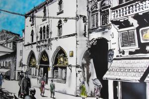 uma pintura de um edifício com pessoas andando por uma rua em Split Urban Getaway em Split