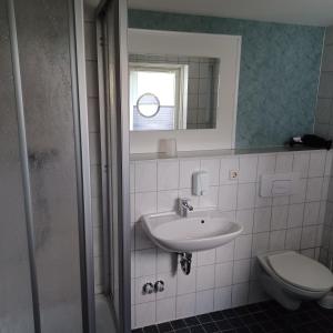 a bathroom with a sink and a toilet and a mirror at Hotel Zittauer Hütte in Kurort Jonsdorf
