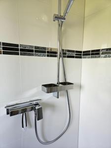 eine Dusche im Bad mit einem Metallwaschbecken in der Unterkunft Sylter Sonne, Alt Westerland in Westerland