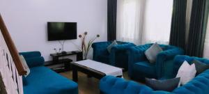 a living room with two blue chairs and a tv at 6th Avenue Court in Nairobi