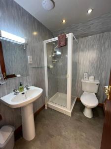 a bathroom with a shower and a sink and a toilet at Stronchreggan View Guest House in Fort William