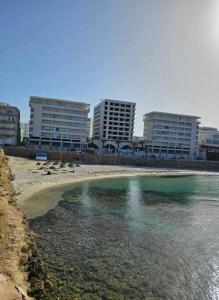 a beach with some buildings in the background at La perle rare in Monastir