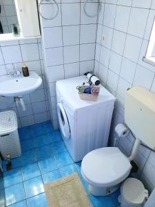 a bathroom with a washing machine and a toilet at Crystal Cherry Apartment in Preveza