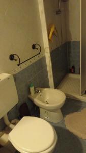 y baño con aseo blanco y ducha. en VIA VARESE 4 en Castagneto Carducci