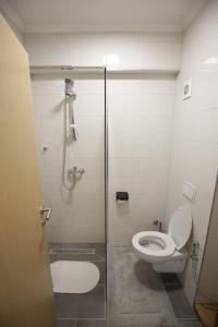 a bathroom with a toilet and a glass shower stall at Apartman Hana Fojnica in Fojnica
