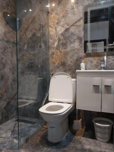a bathroom with a toilet and a shower at Appartement de Luxe Arena Martil in Martil +7 photos