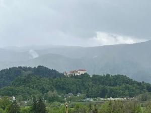 a house on a hill with mountains in the background at Apartma Fekonja in Bled +2 photos