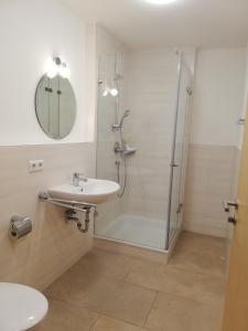 La salle de bains est pourvue d'une douche, d'un lavabo et d'un miroir. dans l'établissement Ferienwohnungen Weishaupt, à Meckenbeuren