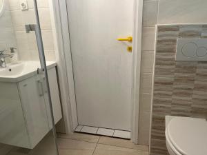 a bathroom with a toilet and a sink and a door at Apartma Fekonja in Bled