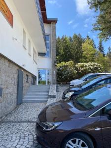 a row of parked cars parked in front of a building at Willa MARANT in Szklarska Poręba