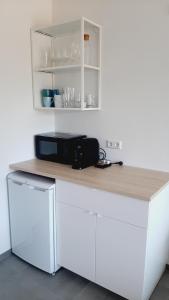a kitchen with a counter with a microwave on it at Bude 23 - Ferienwohnung Aalen in Aalen