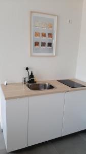 a kitchen with a sink and a white counter at Bude 23 - Ferienwohnung Aalen in Aalen