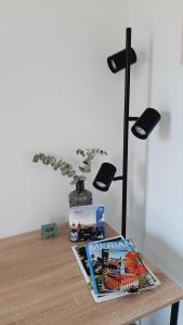 a table with a book and a lamp and a magazine at Bude 23 - Ferienwohnung Aalen in Aalen