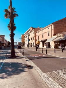 une rue de la ville avec un palmier et des bâtiments dans l'établissement Apartment Uno, à Koper